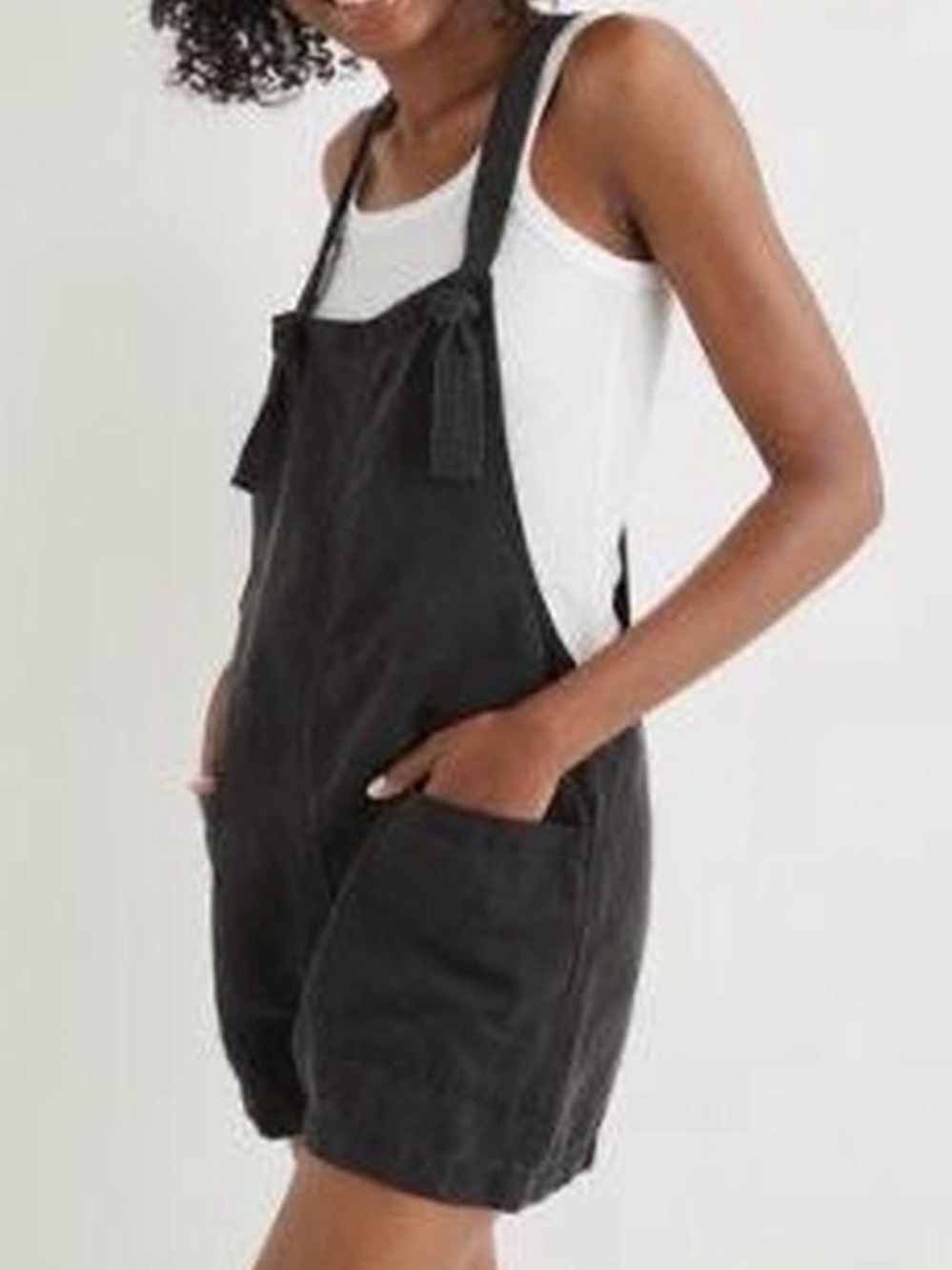 Aerie Black Tie Strap Short Overall Romper with Pockets